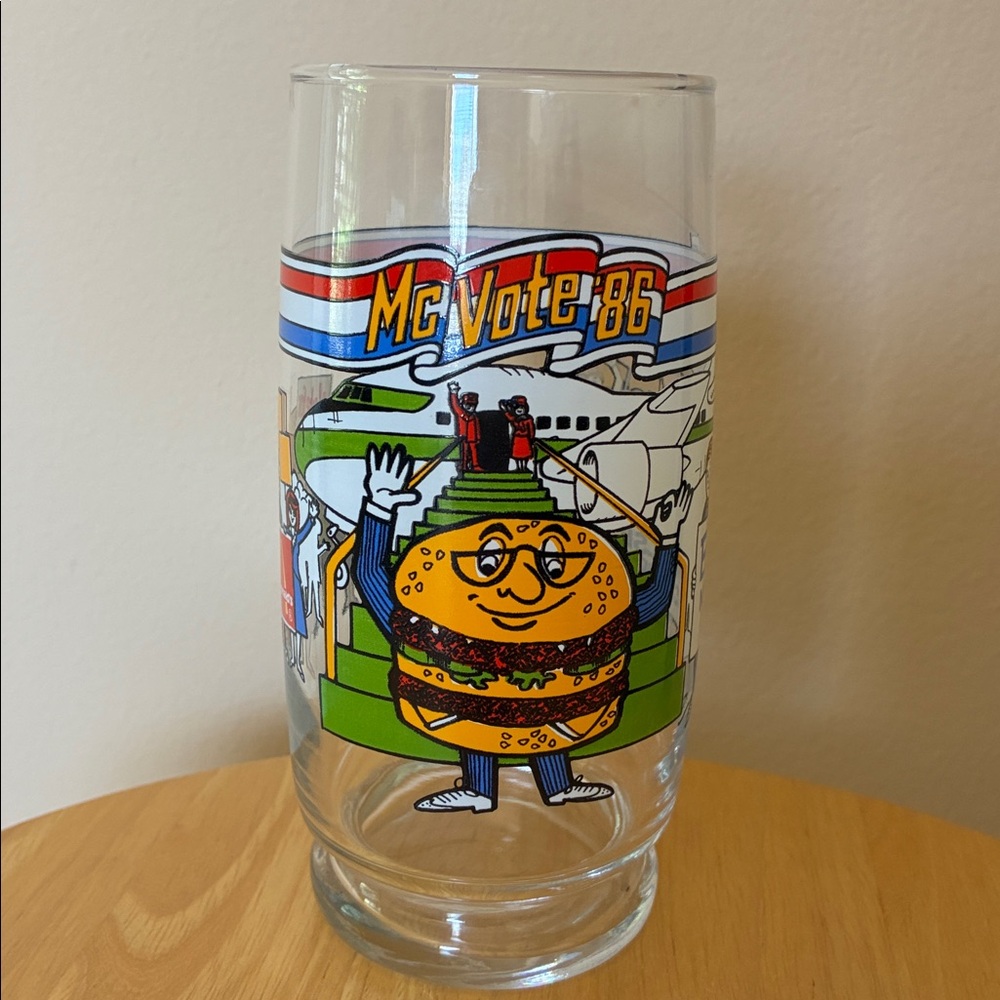 Vintage McDonald's McVote '86 Glass with Colorful Burger Design